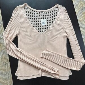 free people starlight lightweight light pink sweater with open weave back